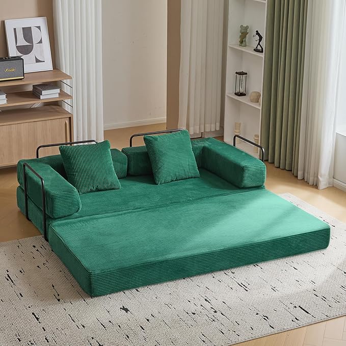 Convertible Sleeper Sofa Bed Compression Folding Sofa with Pillow No Assembly Required Shape Frame Floor Sofas Lounge Couch for Living Room Bedroom Small Spaces(Corduroy 77''W Dark Green)