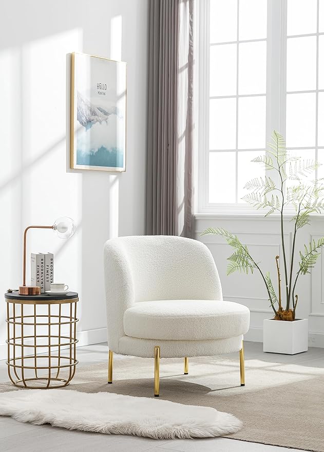 28.4 W Accent Chair Upholstered Curved Backrest Reading Chair Single Sofa Leisure Club Chair with Golden Adjustable Legs for Living Room Bedroom Dorm RoomIvory Boucle