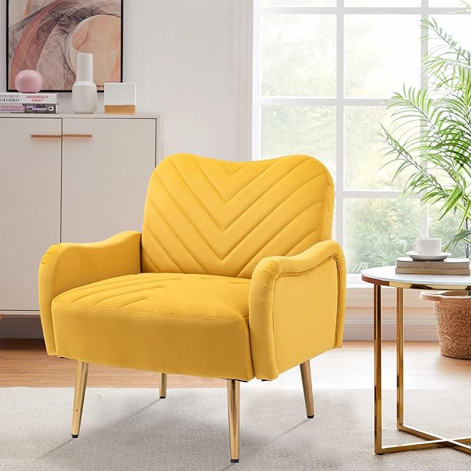Velvet Accent Chair Comfy Upholstered Living Room Arm Chair Single Reading Sofa Chairs for Bedroom Office Small Spaces Waiting Room Furniture (Mustard Chair)