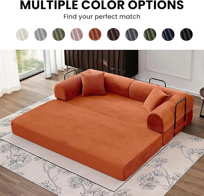 79'' Folding Convertible Sofa Bed Boneless Modular Couch 5-in-1 Pull Out Floor Sleeper Lounge Loveseat for Living Room Bedroom Multi-Function Foldable Sofa (Orange)