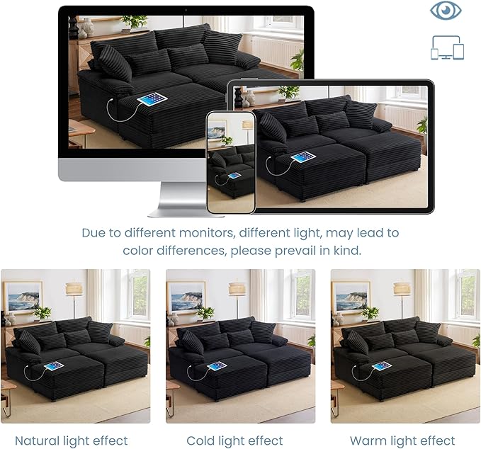 SUNWAVE 74 W Double Chaise Lounge Chair Indoor Oversized Loveseat with Storage Ottoman Corduroy Couch with USB Charging Removable Ottoman and Coffee Table Cushions for Living Room Bedroom
