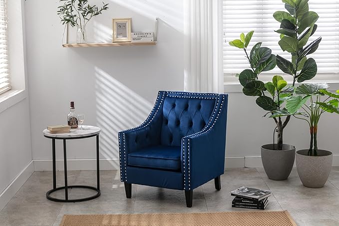 Velvet Accent Chair Modern and Cozy Sofa Chair with Wood Legs Tufted Accent Armchair for Living Room/Bedroom/Office/Guest Room SapphireBlue