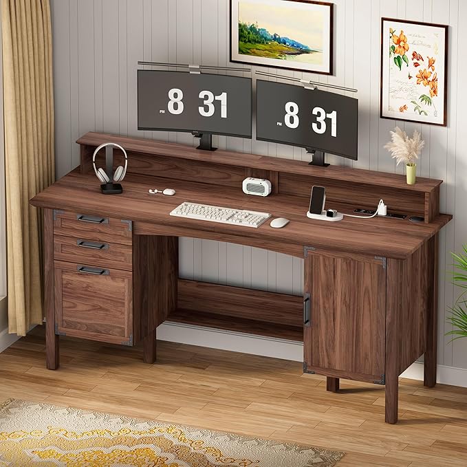 Farmhouse Office Desk with Power Outlet &amp Monitor Stand 63'' Home Computer Desk with 2 Drawers File Cabinet Storage Cabinet Executive Desk for Work Study Writing Gaming Walnut
