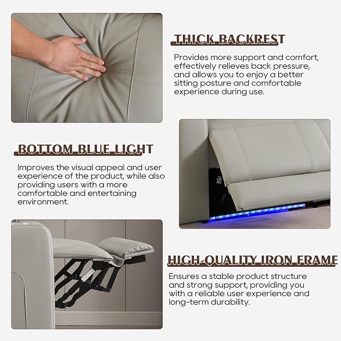 Dual Motor Power Reclining Sofa Breathable Leather Reclining Couch with Power Headrest/LED Light/Armrest Storage Recliner Sofa 3 Seater for Living Room (Grey 3 Seater)