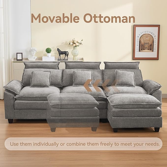 103'' Cloud Modern 3 Seater Couch with Detachable Headrest Modular Sectional Sofa with Ottoman Oversized L Shape Chenille Comfy Sofa with Armrests for Living Room Light Grey