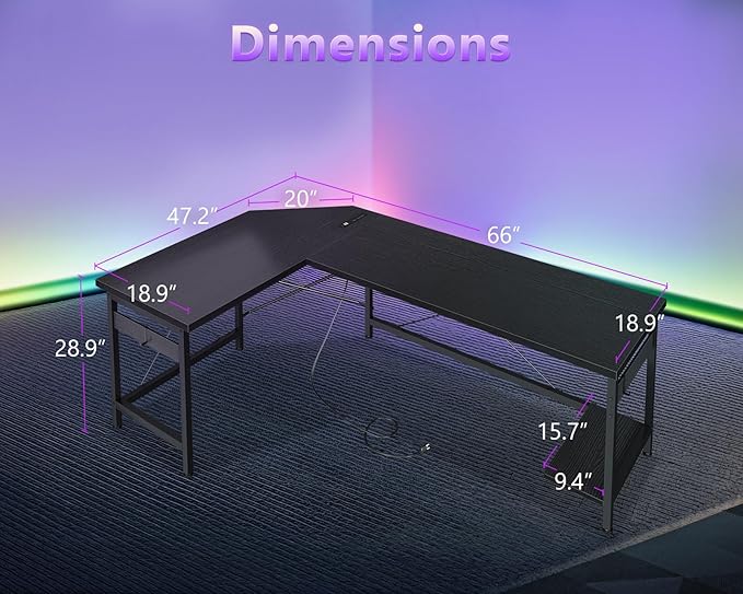 Coleshome 66 L Shaped Gaming Desk Corner Computer Desk Sturdy Home Office Computer Table Writing Desk Larger Gaming Desk Workstation Black