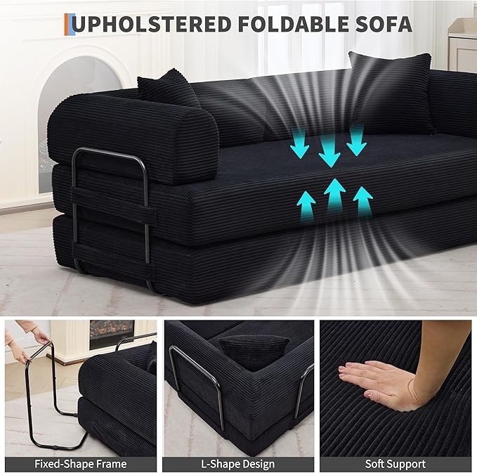 GarveeHome 79 Convertible Sleeper Sofa Bed Couch 4-in-1 Boneless Corduroy Folding Sofa Bed with Pillow &amp Fixed-Shape Floor Mattress Couch Loveseat for Living Room Apartments - No Assembly Blac
