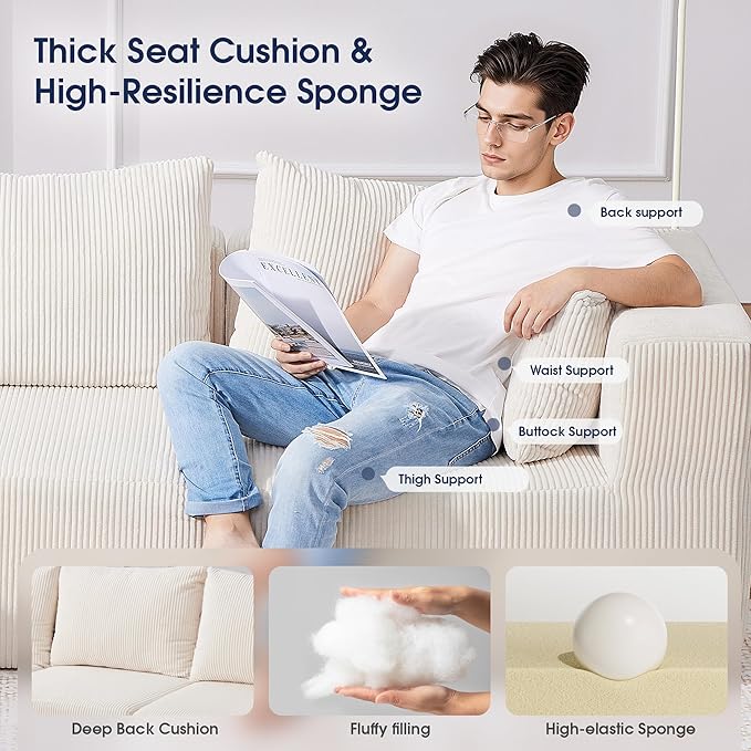 KINGYES 135'' Modular Sectional U Shaped Sofa Upholstered Corduroy Boneless Couch Cloud Couch for Living Room Beige