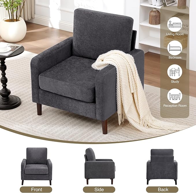 Accent Chair for Living Room Modern Reading Chair for Bedroom Upholstered Armchair with Wood Legs and Side Pockets Single Sofa Side Chair for Office Small Room Apartment Dark Grey