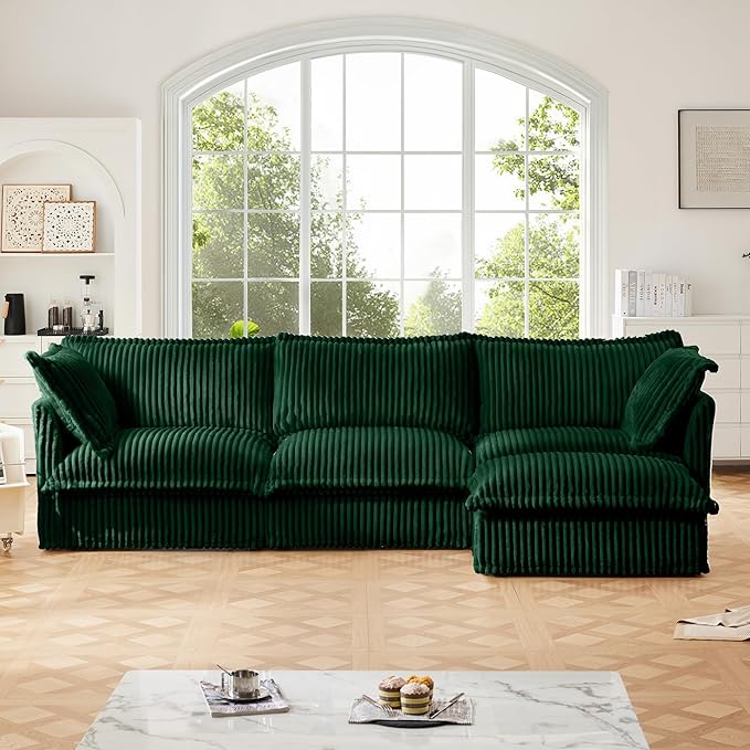 Aoowow Oversized Modular Sectional Sofa120” L-Shaped Comfy 3-Seat Sofa Couch with Movable Ottoman Upholstered Deep Seat Couches with Big Toss Pillows for Living Room Apartment OfficeGreen-Corduroy