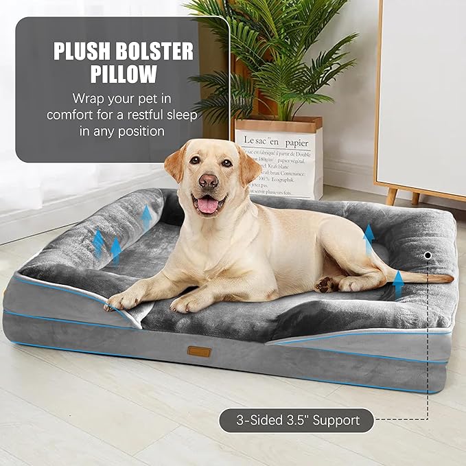 Orthopedic Dog Bed with Sides - Dog Sofa Beds for Extra Large Dogs Supportive Foam Pet Couch Bed with Washable Removable Cover Waterproof Lining and Non-Slip Bottom Grey - XL
