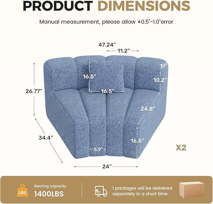 2PCS 1/8 Round Curved Sofa 2 Seater Modular Velvet Couch Modern Boneless Sectional Couches for Living Room No Assembly Required Light Blue