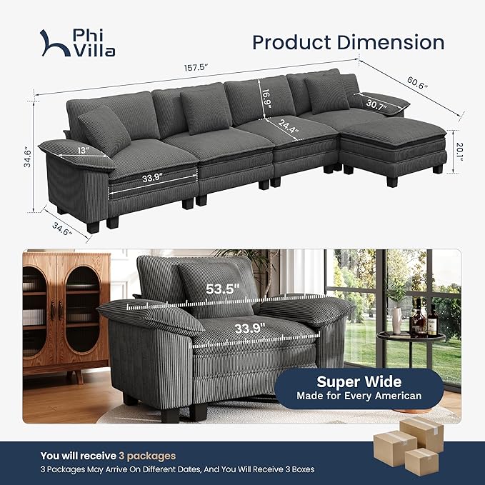 PHI VILLA Cloud Modular Couch Sets 157.5 Sectional Sofa with L-Shaped Chaise 5-Seater Upholstered Couches with Movable Ottoman for Living Room Corduroy Fabric Grey
