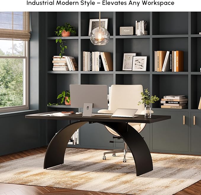 homary 70.9 Industrial Executive Desk Black Top Desk Modern Home Desk with Arched Design Legs for Study Office Home Office