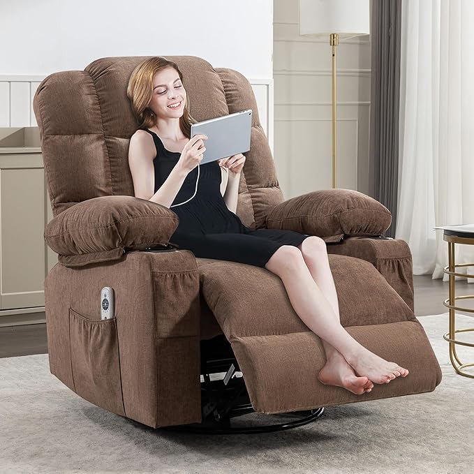Massage Rocker Recliner Chair with Heat and Vibration Ergonomic Rocking Lounge Chair for Living Room Comfy with 2 Side Pockets 2 Cup Holders USB Charge Port (Brown)