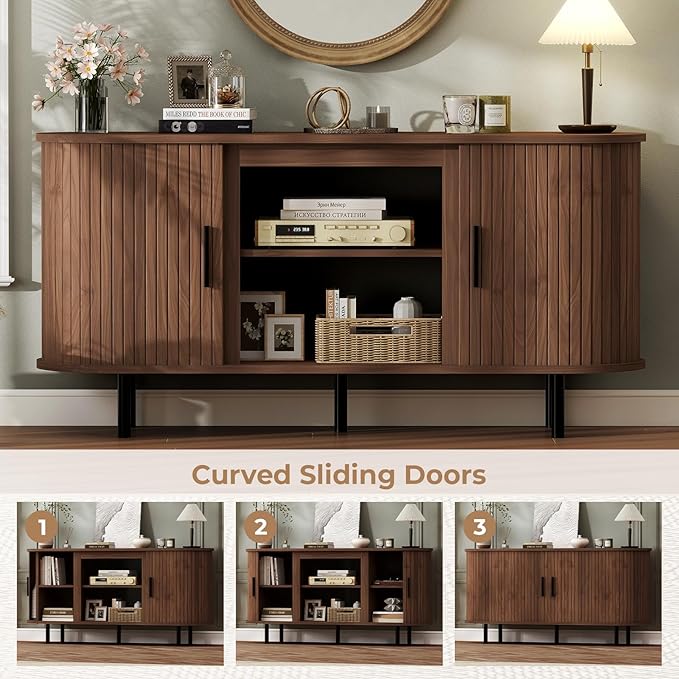 BREEZEHEAT 55'' Mid Century Modern Fluted TV Stand-Curved TV Cabinet with Storage Sliding Doors &amp Adjustable Shelves-Entertainment Center for TVs Up to 65 Inches Walnut Media Console for Living
