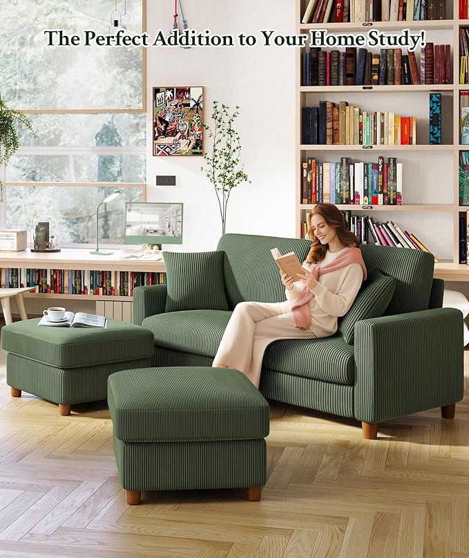 70.2 Couches for living room Comfy U Shaped Couch Green 7.1 Thicker Cushion Sofas for Living Room Tool-Free Setup Loveseat with Ottoman 7058lbs Support Corduroy Couch for Bedroom Office