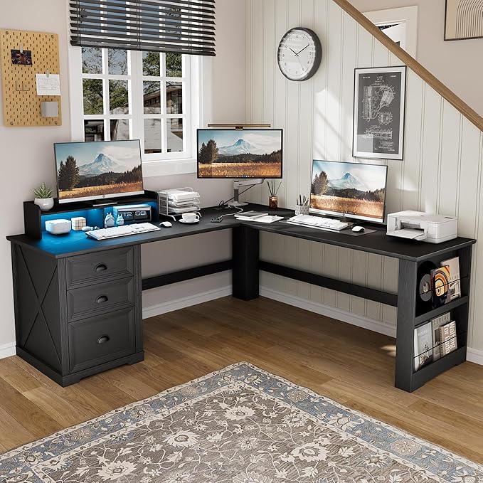 Executive L Shaped Desk with Monitor Stand 59 inch Farmhouse Corner Computer Desk with Power Outlets &amp LED Lights Home Office Desk with File Cabinet for Working Gaming Writing Black