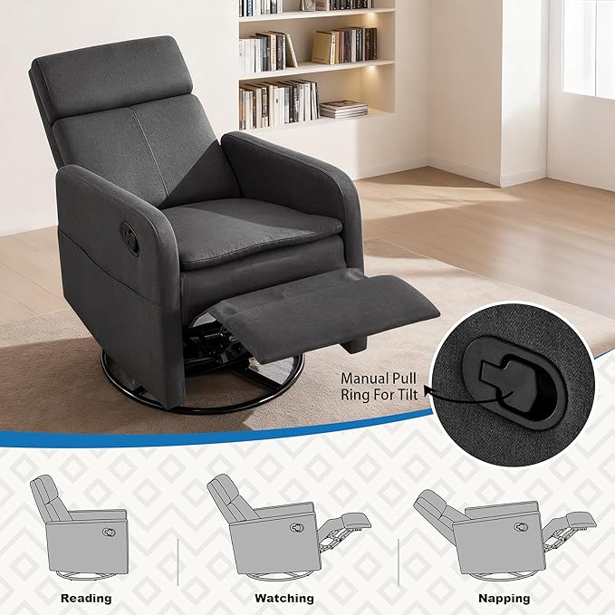 Swivel Rocking Recliner Chair for Adults Upholstered Fabric Glider Recliner Reclining Chair with Side Pockets and Double-Thick Cushion for Living Room Bedroom Nursery (Grey)