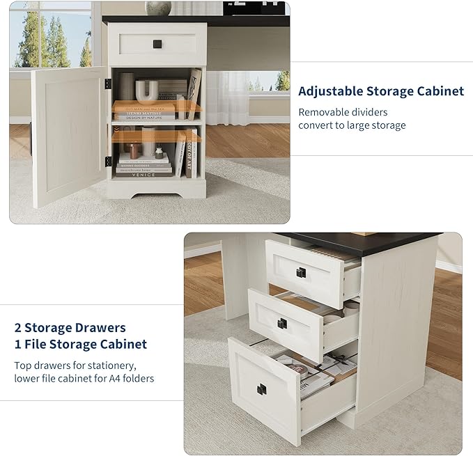 60 L Shaped Executive Desk Farmhouse Style Home Office Corner Computer Desk with File Drawers and Adjustable Side Storage Cabinet Black