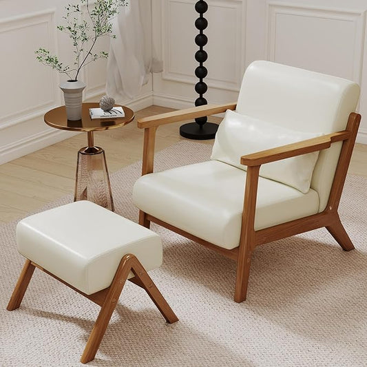 Modern Accent Chair and Ottoman Set Mid-Century Faux Leather Upholstered Lounge Armchair with Solid Wood Frame &amp Comfortable Cushion for Living Room Bedroom Balcony Beige