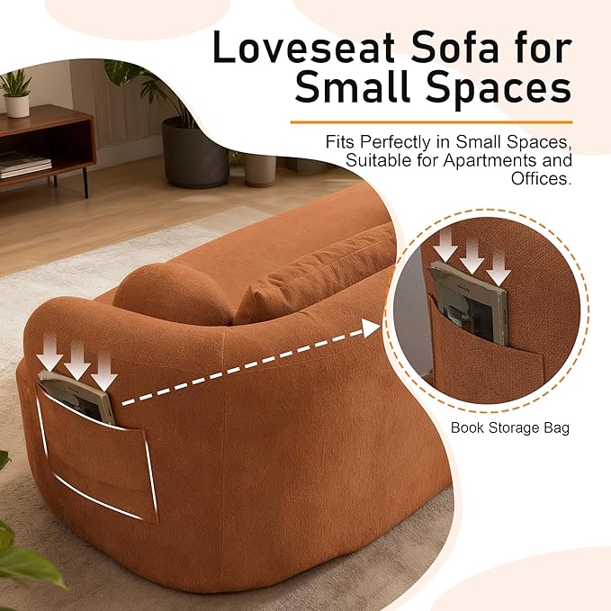 Loveseat Sofa 67.3 Boneless Curved Sofa Filling with Foam and Spring Chenille Small Love Seat for Small Spaces 4 Pillows and Side Pocket Living Room Apartment Bedroom No Assembly
