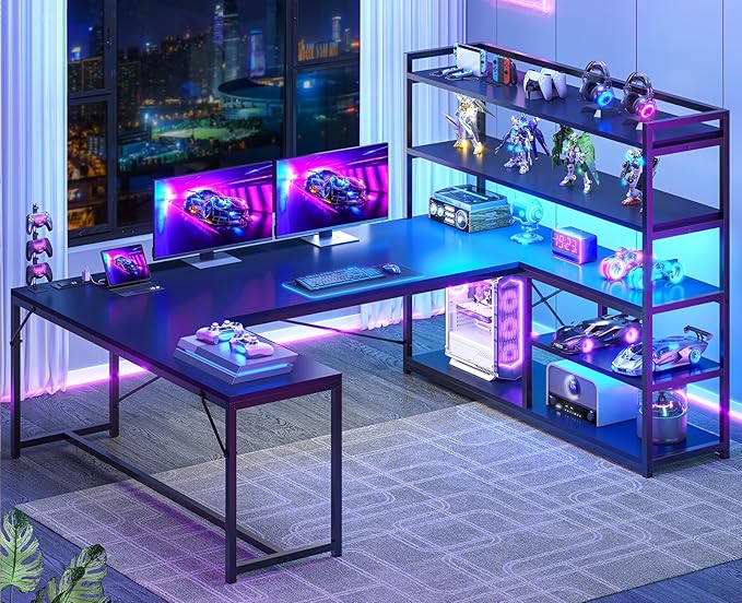 SEDETA L Shaped Gaming Desk 63'' Reversible Computer Desk with Power Outlet and Storage Shelves Corner Gaming Desk with LED Lights Bookshelf for Home Office Black