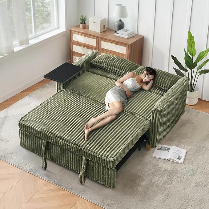 54'' Corduroy 3-in-1 Convertible Sofa Bed Pull Out Sleeper Loveseat Couch with USB Ports &amp Storage Pockets Futon Couches for Small Space Living Room Apartment (Green New)