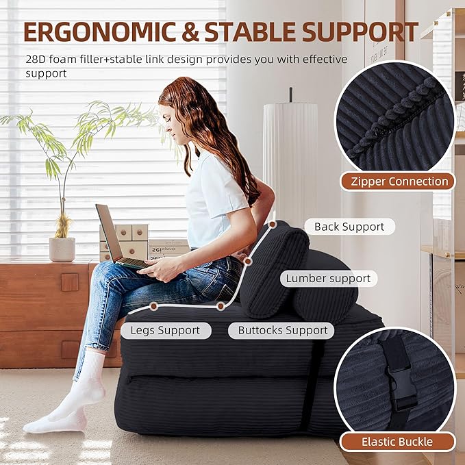 HOMREST Folding Sofa Bed Convertible Sleeping Chair with Backrest Support and Soft Corduroy FabricFold Couch Bed with Pillow for Small Spaces/Living Room/Bedroom/Apartment Single SizeBlack