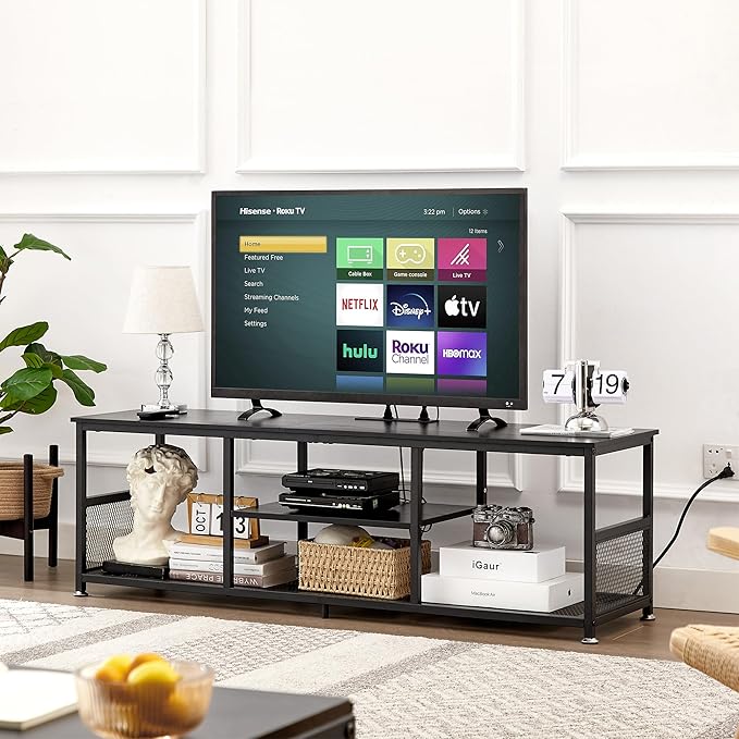 VECELO TV Stand with Power Outlets for Televisions up to 65Inch 55 Media Entertainment Center with Charging Station 3-Tier Open Storage Shelves with Metal Frame for Living Room/BedroomBlack