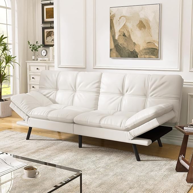Convertible Faux Leather Futon Sofa BedMemory Foam Futon CouchSmall Splitback Modern Folding Loveseat Sleeper Sofa Couches for Living RoomOfficeApartmentWhite