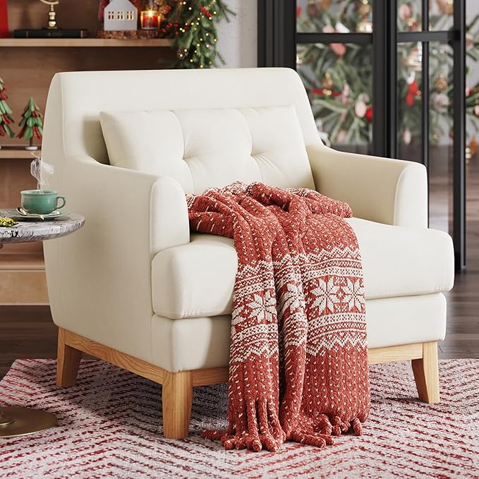LINSY Accent Chair Large Reading Chair with Rubberwood Base Mid Century Modern Armchair with Lumbar Pillow Cozy Single Sofa Chair for Living Room Bedroom Office Study Velvet Arm Chair Beige