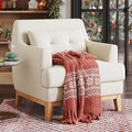 LINSY Accent Chair Large Reading Chair with Rubberwood Base Mid Century Modern Armchair with Lumbar Pillow Cozy Single Sofa Chair for Living Room Bedroom Office Study Velvet Arm Chair Beige