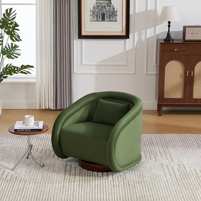 Swivel Accent Chair 360-Degree Rotating Barrel Chair with Soft Velvet Upholstery Comfy Pumpkin-Shaped Lounge Chair for Living Room Bedroom Office (Green)