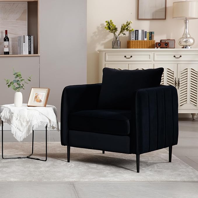 Mid-Century Modern Velvet Accent Chair - Plush Upholstered Armchair with Metal Legs 300lb Capacity Comfy Reading Chair for Living Room Bedroom or Office (Black)