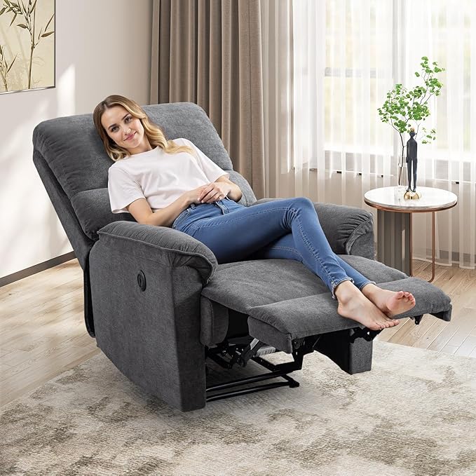 Power Recliner Chair for Adults with USB Port Breathable Fabric Electric Recliners with High Back Single Overstuffed Heavy Duty Reclining Sofa for Small Spaces Living Room Bedroom