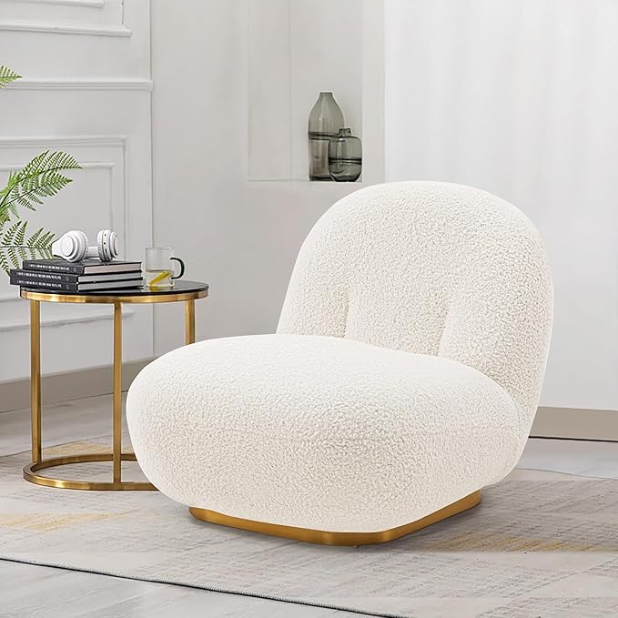 Manhattan Comfort Edina Modern Accent Chair in Luxurious Boucle Upholstery with High Density Foam Padding &amp Wood Frame with Gold Metal Base Living Room Seating White
