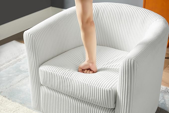 Ball &amp Cast Swivel Accent Chair Ottoman Set 360°Swival Comfy Recliner and Footstool Padded Sofa Armchair with Wrap Around Backrest Corduroy Single Sofa Side-Chair w/Stool White
