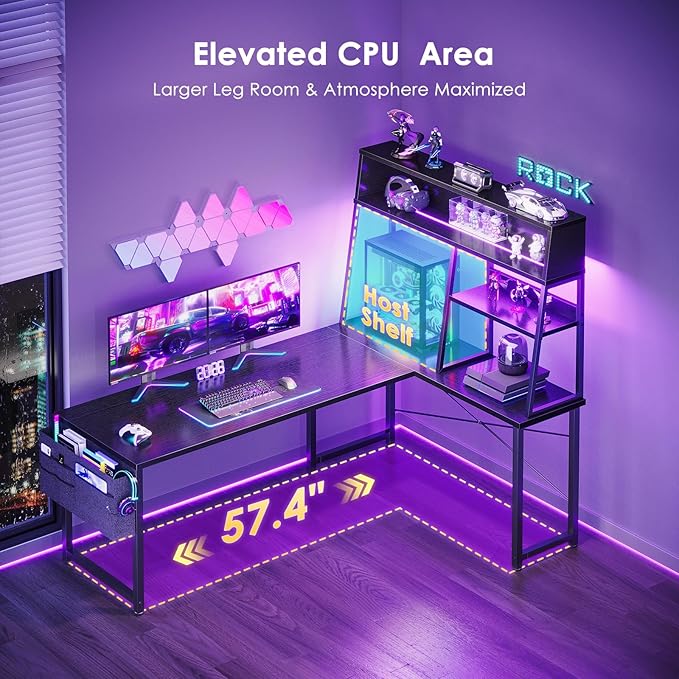 AODK L Shaped Gaming Desk with Led Lights 59 Inch Reversible Gaming Computer Desk with Display Shelves PC Gamer Desk Gamer Table with Storage Bag L Desk for Game Black