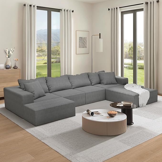 132 Modular Sectional Sofa Cloud Couch Sectional Modern Chenille Upholstered L-Shaped Sofa Set with 6 Pillows Deep Seat Comfy Couch for Living Room Free Combination No Assembly Required (Grey)