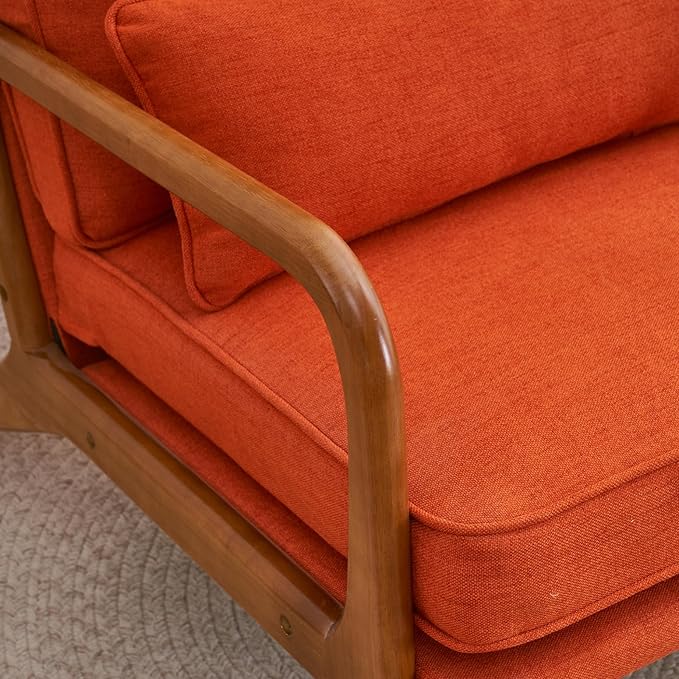 Mid Century Modern Accent Chairs Single Linen Lounge Reading Armchair with Solid Wood Frame Easy Assembly Arm Chairs for Living Room-Orange