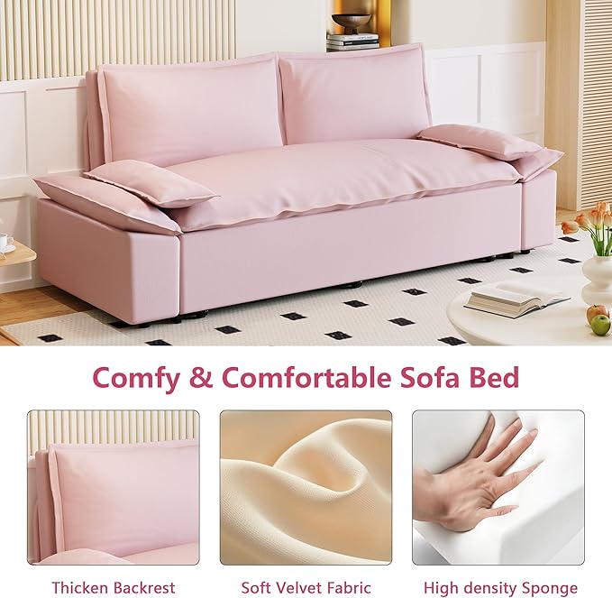 GNIXUU 73.2 Queen Pull Out Sofa Bed Velvet Convertible Sleeper Sofa Couch with 2 Soft Pillows Comfy Loveseat Bed Pull Out Couch for Living Room Apartment Small Space(Pink)