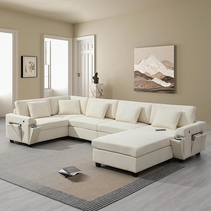 128*67 U Shaped Sectional Sofa 6 Seat Chenille Couch Set with Oversized Ottoman Hidden Armrest Storage and Cup Holders USB Charging Ports Wide Seat Sofa for Living Room Apartment Off White