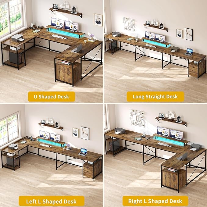 DWVO U Shaped Desk with Drawers 79 Reversible L Shaped Desk with Power Outlets &amp LED Lights Corner Computer Desk with Monitor Stand &amp Storage Shelves Rustic Brown