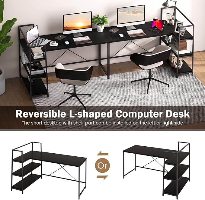 COSTWAY 59 Inch L-Shaped Computer Desk Large Reversible Corner Desk with Open Storage Shelves Space-Saving Writing Study Table PC Laptop Gaming Desk for Home Office (Black)