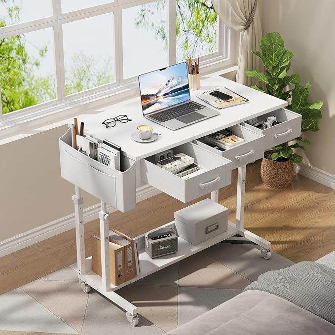 White Portable Rolling Computer Desk - 40 Inch Adjustable Mobile Standing Teacher Desks with 3 Fabric Drawers on Wheels Couch Sofa Side Laptop Stand Up Table with Storage for Home Office White