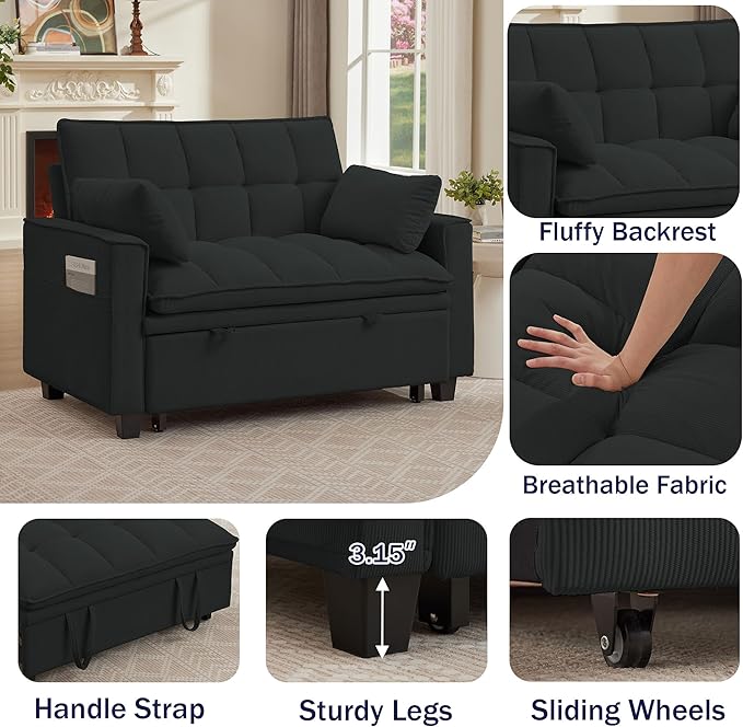 Sleeper Sofa with Pull Out Couch Bed 48.43 Convertible Pull-Out Sofa Bed Chair 3-in-1 Futon Couch with Reclining Backrest and Side Pockets for Living Room Bedroom Apartment Light Grey