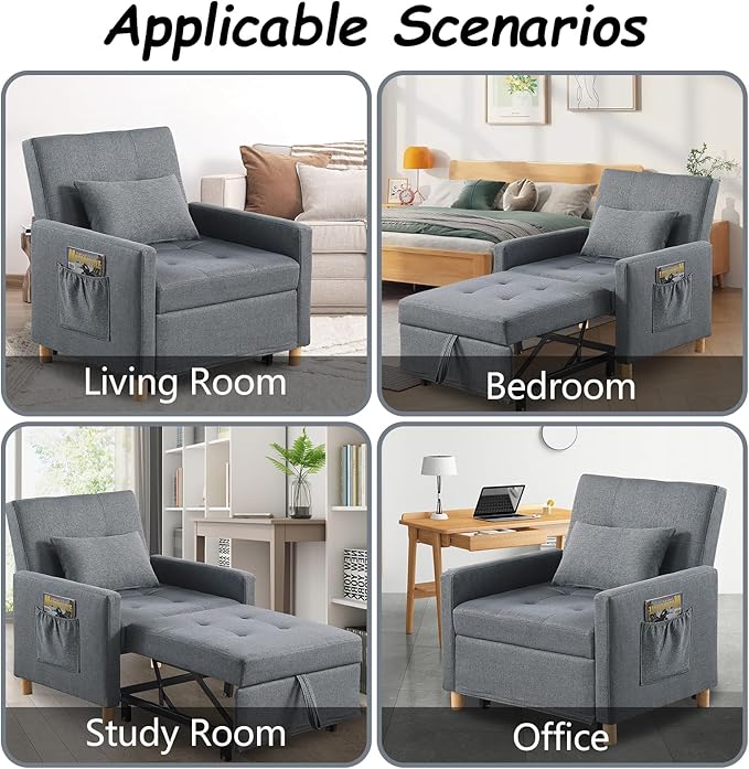 Sleeper Chair Bed Convertible Chair Bed Sleeper Pull Out Sofa Beds with Adjustable Backrest Modern Linen Fabric Convertible Chair to Bed for BedroomLiving Room Apartment-Dark Grey