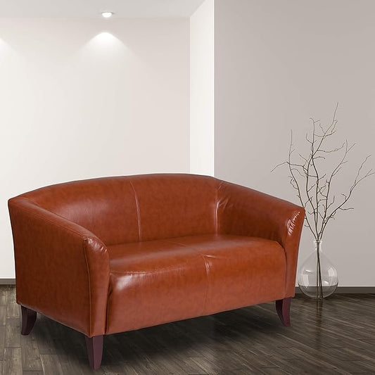 EMMA + OLIVER Cognac LeatherSoft Loveseat with Cherry Wood Feet
