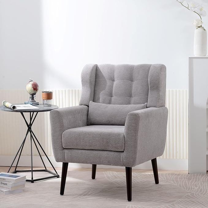 Modern Accent ChairChenille Arm Chairs for Living RoomUpholstered Mordern ArmchairComfy Soft Padded Lounge Chair in Small Space Bedroom w/Pillow Solid Wood Leg (Grey)